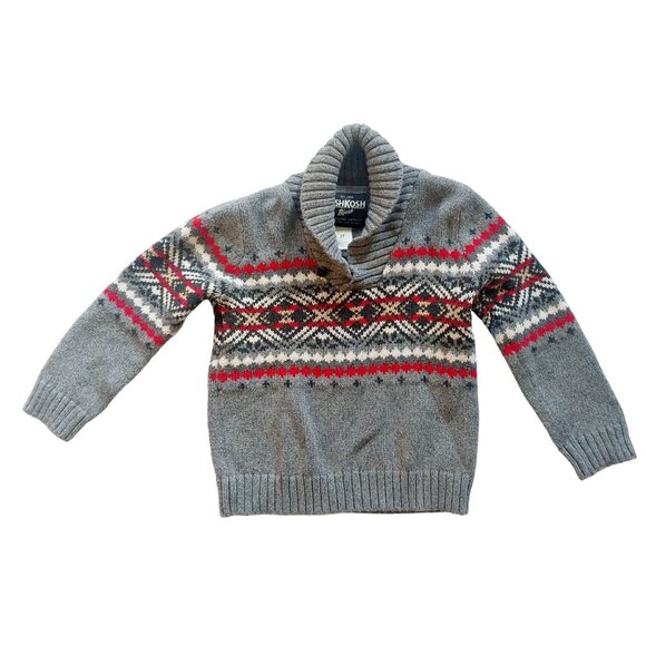 Oshkosh Bgosh Boys Gray Fair Isle Shawl Collar Sweater 3T 100% Cotton Warm Winte - Picture 1 of 6